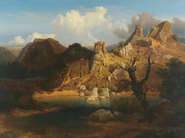Landscape with rugged cliffs and mountain lake  by Carl Dahl - Hand-Painted Oil Painting Reproduction
