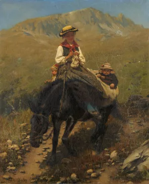 Woman of the Valais with Two Children on a Mule Oil painting by Carl Diethelm Meyer