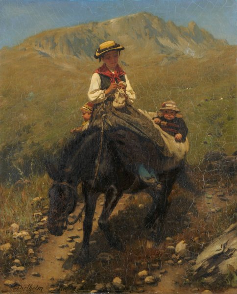 Main Product Photo of Woman of the Valais with Two Children on a Mule  Painting by Carl Diethelm Meyer