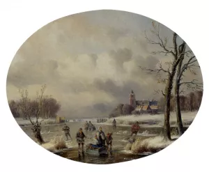 Skaters On A Frozen Waterway, A 'Koek En Zopie' In The Distance by Carl Eduard Ahrendts - Oil Painting Reproduction