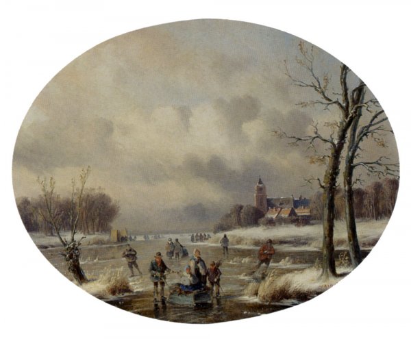 Skaters On A Frozen Waterway, A 'Koek En Zopie' In The Distance by Carl Eduard Ahrendts - Hand-Painted Oil Painting Reproduction