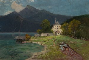 Landscape with a lake in the mountains by Carl Ernst Morgenstern Oil Painting