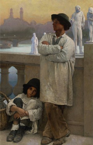 Young sculptors on a bridge in Paris, the old Trocadero in the distance by Carl Ernst Von Stetten Oil Painting