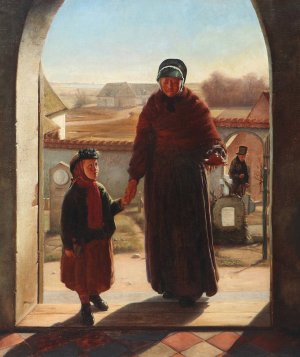 Moder og barn ved indgangen til kirken by Carl Ferdinand Andersen Oil Painting