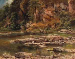A Wooded River Landscape by Carl Franz Emanuel Haunold Oil Painting