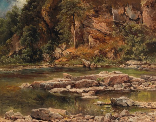 Main Product Photo of A Wooded River Landscape Painting by Carl Franz Emanuel Haunold