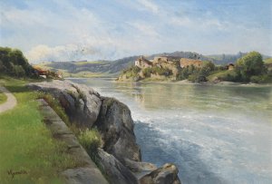 Burgruine am Flusufer by Carl Franz Emanuel Haunold Oil Painting