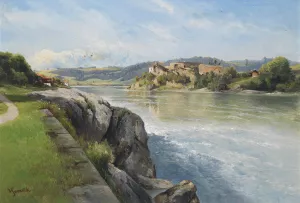 Burgruine am Flusufer by Carl Franz Emanuel Haunold Oil Painting