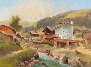 Mountain Village by a Stream by Carl Franz Emanuel Haunold Oil Painting