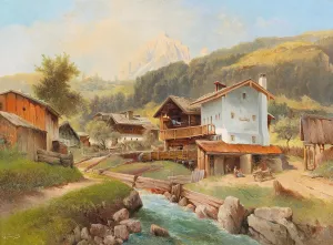Mountain Village by a Stream by Carl Franz Emanuel Haunold Oil Painting