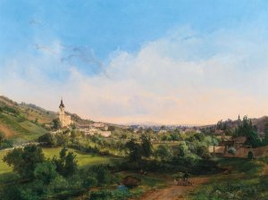 A View of the Churches of Kalksburg and Rodaun at Dawn by Carl Franz Michael Geyling Oil Painting