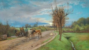En bonde taler med en vejmand i fuldmanens skaer Oil painting by Carl Frederik Aagaard