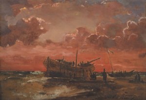 A Wreck on the West Coast of Jutland at Sunset by Carl Frederik Sorensen Oil Painting