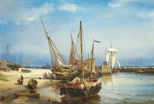 Marine med optrukne bade pa stranden Oil painting by Carl Frederik Sorensen