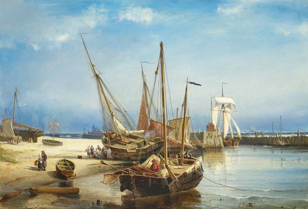 Marine med optrukne bade pa stranden  by Carl Frederik Sorensen - Hand-Painted Oil Painting Reproduction