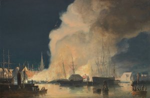 Natlig brand pa Christianshavnersiden af Kobenhavns Havn by Carl Frederik Sorensen Oil Painting