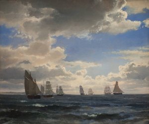 Sailing Ships in the Sound south of Kronborg by Carl Frederik Sorensen Oil Painting