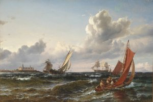 Sejlskibe og fiskerbad i Sundet ud for Kronborg Oil painting by Carl Frederik Sorensen
