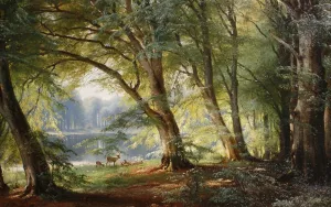 Deer Beside a Lake also known as The Deer Park by Carl Frederic Aagaard - Oil Painting Reproduction