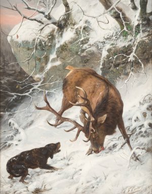 Hound catching a royal stag by Carl Friedrich Deiker Oil Painting
