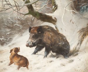 Hound tracking down a wild boar by Carl Friedrich Deiker Oil Painting