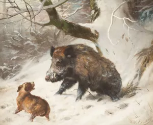 Hound tracking down a wild boar by Carl Friedrich Deiker Oil Painting