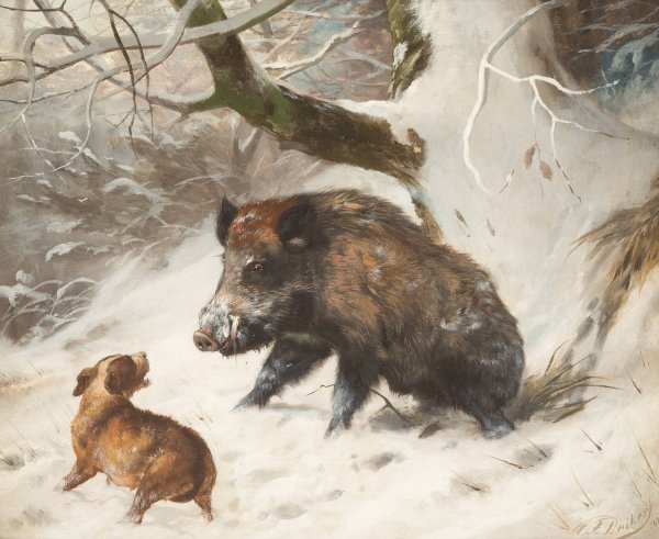Hound tracking down a wild boar  by Carl Friedrich Deiker - Hand-Painted Oil Painting Reproduction
