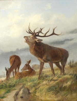 Rohrender Hirsch mit Hirschkuhen by Carl Friedrich Deiker Oil Painting