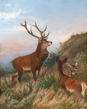 Rotwild in der Abenddammerung by Carl Friedrich Deiker Oil Painting