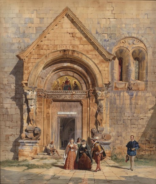 Main Product Photo of Kirchenportal und Personengruppe  Painting by Carl Friedrich Heinrich Werner