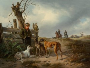 Young boy resting beside a fence with hunting dogs by Carl Friedrich Schulz Oil Painting
