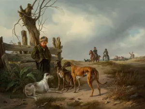 Young boy resting beside a fence with hunting dogs by Carl Friedrich Schulz Oil Painting