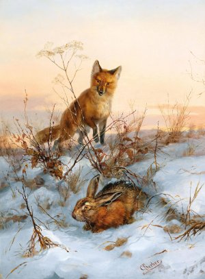 Fox and Hare by Carl Gerber Oil Painting