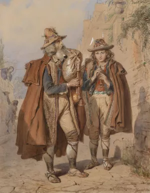 Dudelsackpfeifer und FlOtenspieler by Carl Goebel Oil Painting