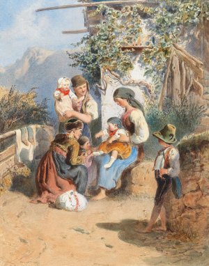 A peasant family idyl by Carl Goebel The Younger Oil Painting
