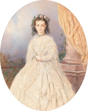 A portrait of a bride with roses in the hair, standing on a balcony by Carl Goebel The Younger Oil Painting