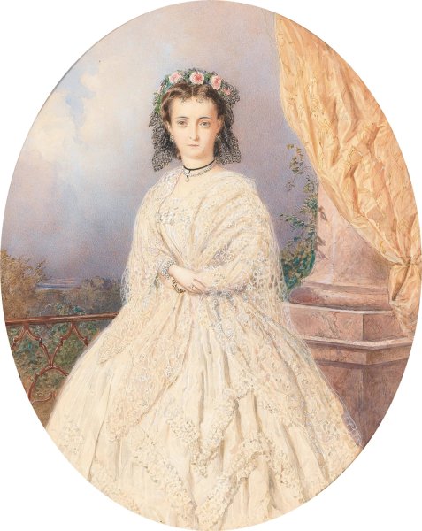 Main Product Photo of A portrait of a bride with roses in the hair, standing on a balcony Painting by Carl Goebel The Younger