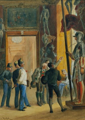 Osterreichische Offiziere und zwei Tiroler besichtigen die Ambraser Sammlung im Unteren Belvedere by Carl Goebel The Younger Oil Painting