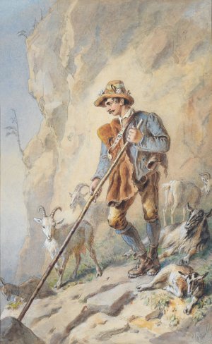 Rosenblatt, huntsman in ordinary of Archduke John of Austria as goatherd in the mountains by Carl Goebel The Younger Oil Painting