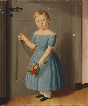 En pige banker pa doren holdende en buket blomster i handen Oil painting by Carl Goos