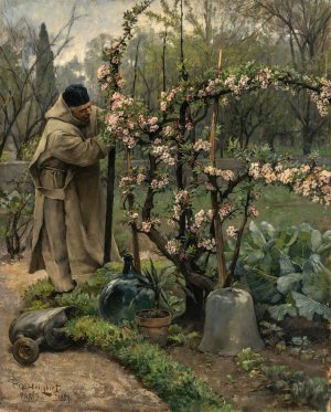 Monk Gardening by Carl Gustaf Hellqvist Oil Painting