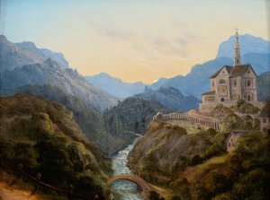 Mountainous landscape with a river valley and an abbey at evening light by Carl Gustav Carus Oil Painting