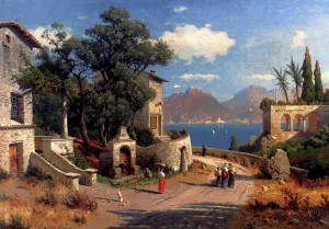 An Italian Village by a Lake by Carl Gustav Rodde Oil Painting