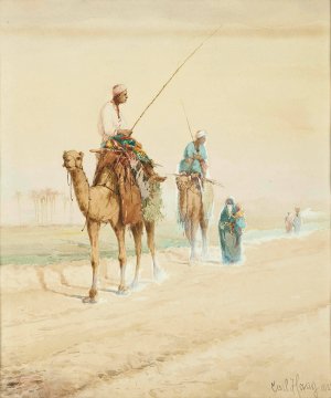 Arab travellers on an Egyptian road by Carl Haag Oil Painting