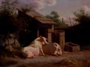 Pigs In A Farmyard by Carl Henrik Bogh Oil Painting