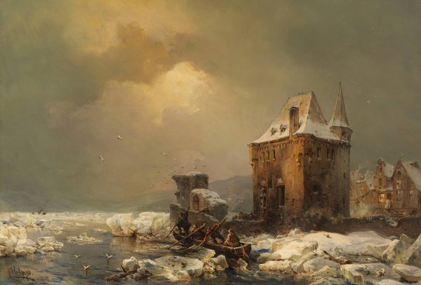 Main Product Photo of Eisfischer am Wasserschloss  Painting by Carl Hilgers