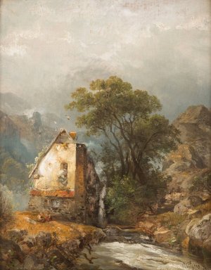 Mill by a stream by Carl Hilgers Oil Painting