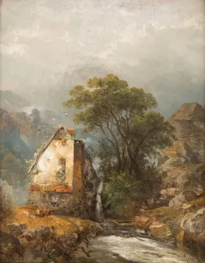 Mill by a stream by Carl Hilgers Oil Painting