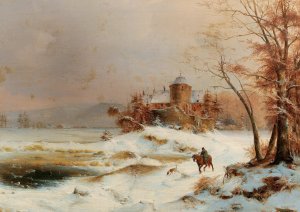 Riders in a vast winter landscape by Carl Hilgers Oil Painting