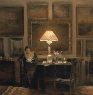 A lady reading by lamplight by Carl Holsoe Oil Painting